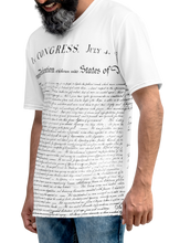 Load image into Gallery viewer, Agent Green Thumb&#39;s Constitution All-Over Print T-Shirt showcased by a female model, embracing the fashion-forward design and cannabis culture - Male Model casual mockup