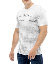 Load image into Gallery viewer, Front view of Agent Green Thumb&#39;s Constitution All-Over Print T-Shirt laid flat, featuring the premium knit fabric and all-over print design - Model Mock up casual look