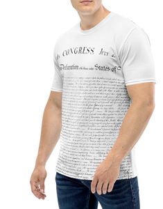 Front view of Agent Green Thumb's Constitution All-Over Print T-Shirt laid flat, featuring the premium knit fabric and all-over print design - Model Mock up casual look