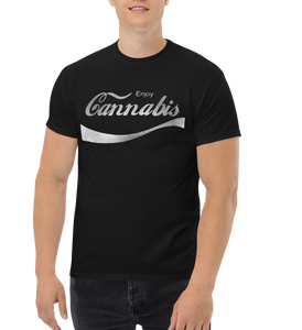 Male model wearing a black cannabis-themed shirt, showcasing its trendy and popular appeal.