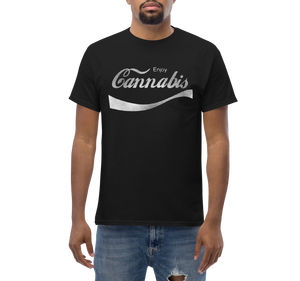 Male model wearing a black cannabis-themed shirt, showcasing its trendy and popular appeal.