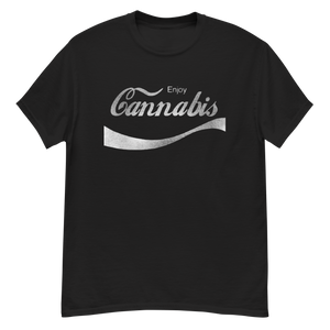 Male model wearing a black cannabis-themed shirt, showcasing its trendy and popular appeal.