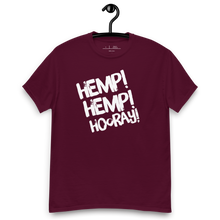 Load image into Gallery viewer, Join the hemp movement with our stylish Hemp! Hemp! Hoorah! T-Shirt - Hanger Mockup maroon 