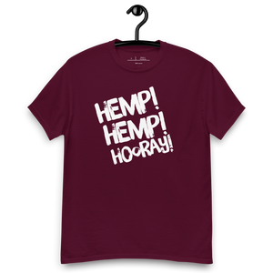 Join the hemp movement with our stylish Hemp! Hemp! Hoorah! T-Shirt - Hanger Mockup maroon 