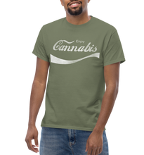 Load image into Gallery viewer, Male model wearing an Army Green cannabis-themed shirt, embodying a vintage and nostalgic charm. - Male Mockup