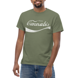 Male model wearing an Army Green cannabis-themed shirt, embodying a vintage and nostalgic charm. - Male Mockup