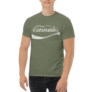 Male model wearing an Army Green cannabis-themed shirt, embodying a vintage and nostalgic charm.