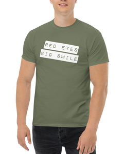 Funny Weed Shirt: Spread Love and Compassion with RED EYES BIG SMILE - Model Man Pose