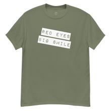 Load image into Gallery viewer, &quot;Make a statement with our RED EYES BIG SMILE Classic Tee&quot; - Army Green TShirt Laid out Casual relaxed