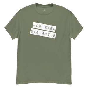 "Make a statement with our RED EYES BIG SMILE Classic Tee" - Army Green TShirt Laid out Casual relaxed