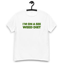 Load image into Gallery viewer, White Strains tee on hanger, a beacon of covert elegance in the realm of Agent Green Thumb&#39;s fashion revolution.