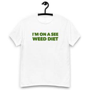 White Strains tee on hanger, a beacon of covert elegance in the realm of Agent Green Thumb's fashion revolution.