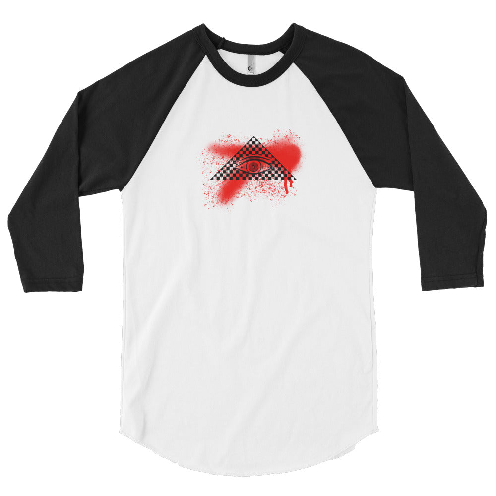 Illuminati Design | RED spray paint | CIA clothing store - Cannabis Incognito Apparel CIA | Cannabis Clothing StoreCasual and fashionable baseball raglan top for everyday wear-Black sleaves